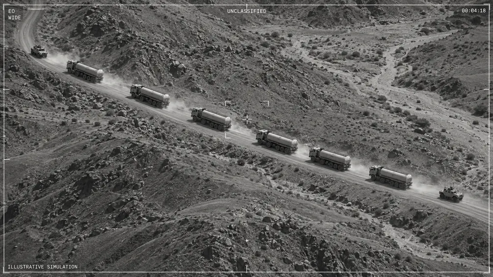 Aerial view of a fuel convoy on a desert road, illustrative simulation