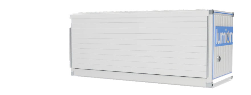 Lumion Field: a white twenty-foot container energy unit