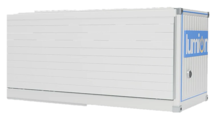 Lumion Field: a white twenty-foot container energy unit, closed